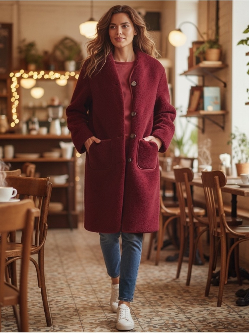 Women's Burgundy Cozy Teddy Coat - Classic Button Front